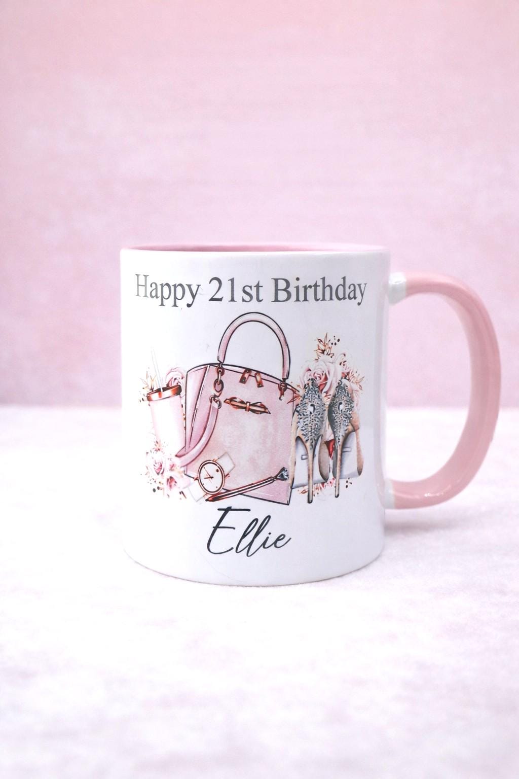 Personalised 21st Birthday Mug: Handbag & Heels Design, 21st birthday gift for her, girly mug for 21st birthday