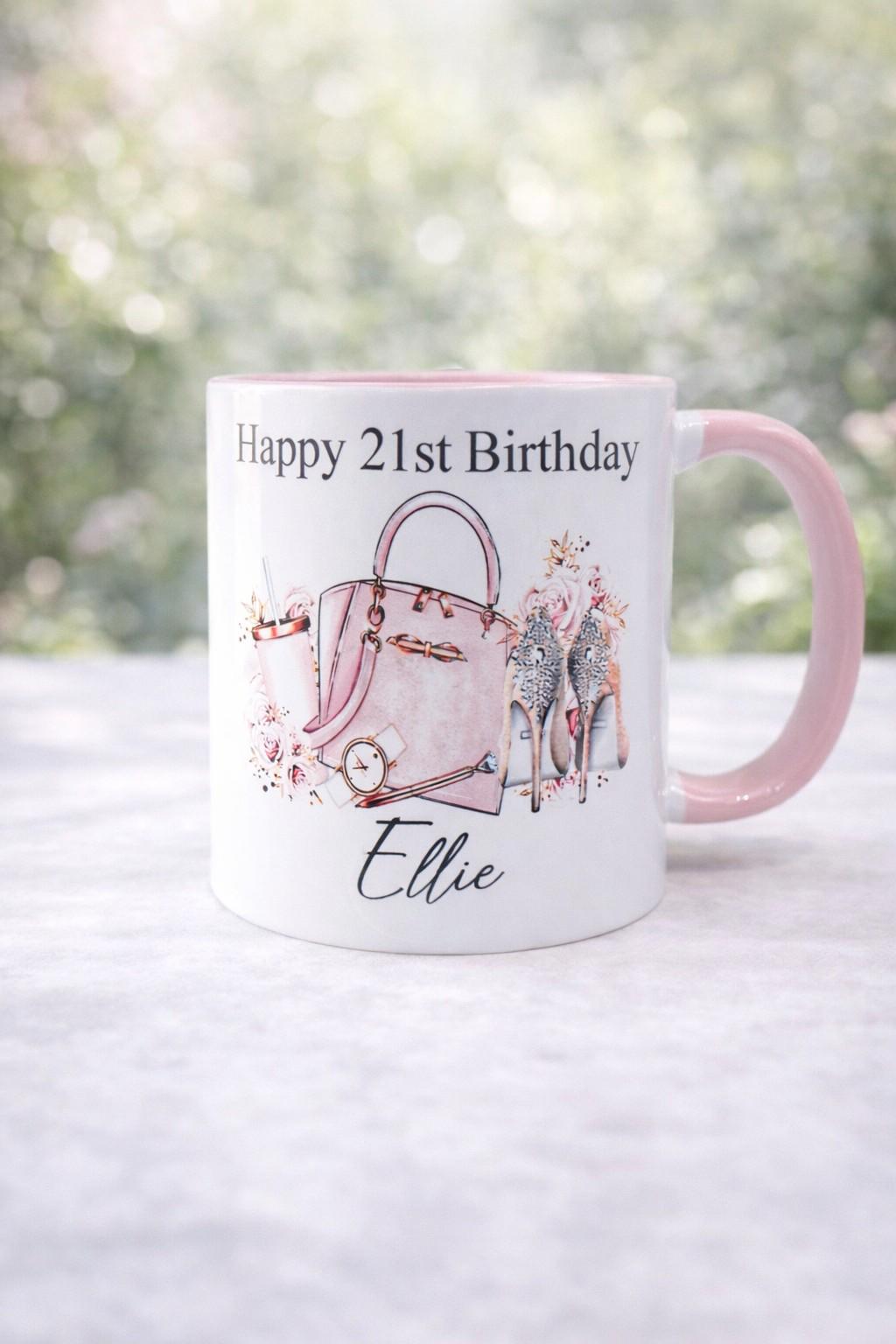 Personalised 21st Birthday Mug: Handbag & Heels Design, 21st birthday gift for her, girly mug for 21st birthday