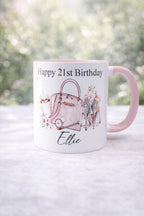 Personalised 21st Birthday Mug: Handbag & Heels Design, 21st birthday gift for her, girly mug for 21st birthday