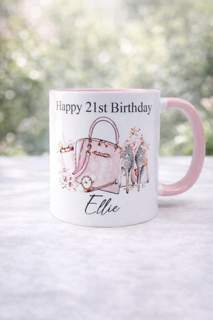 Personalised 21st Birthday Mug: Handbag & Heels Design, 21st birthday gift for her, girly mug for 21st birthday