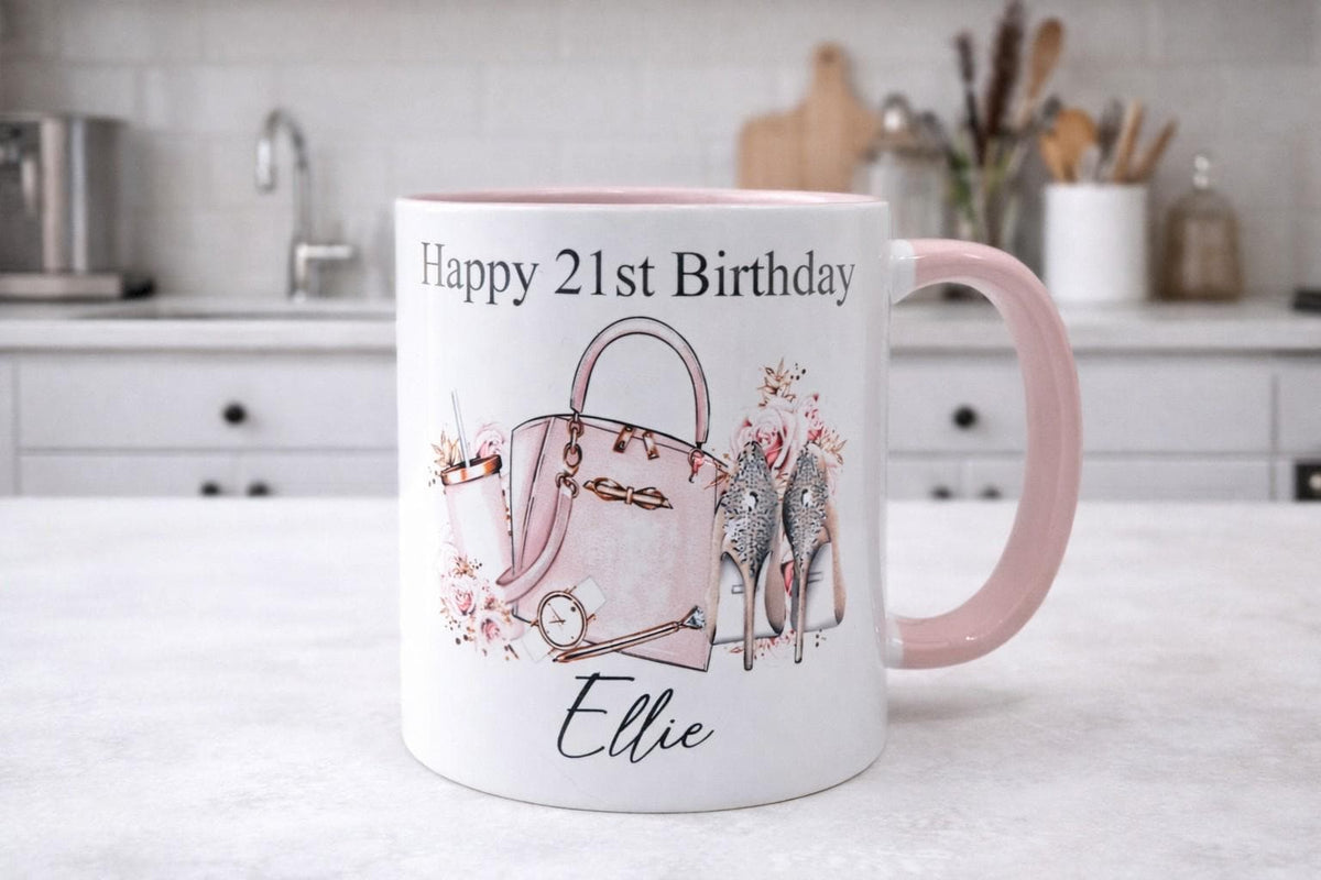 Personalised 21st Birthday Mug: Handbag & Heels Design, 21st birthday gift for her, girly mug for 21st birthday
