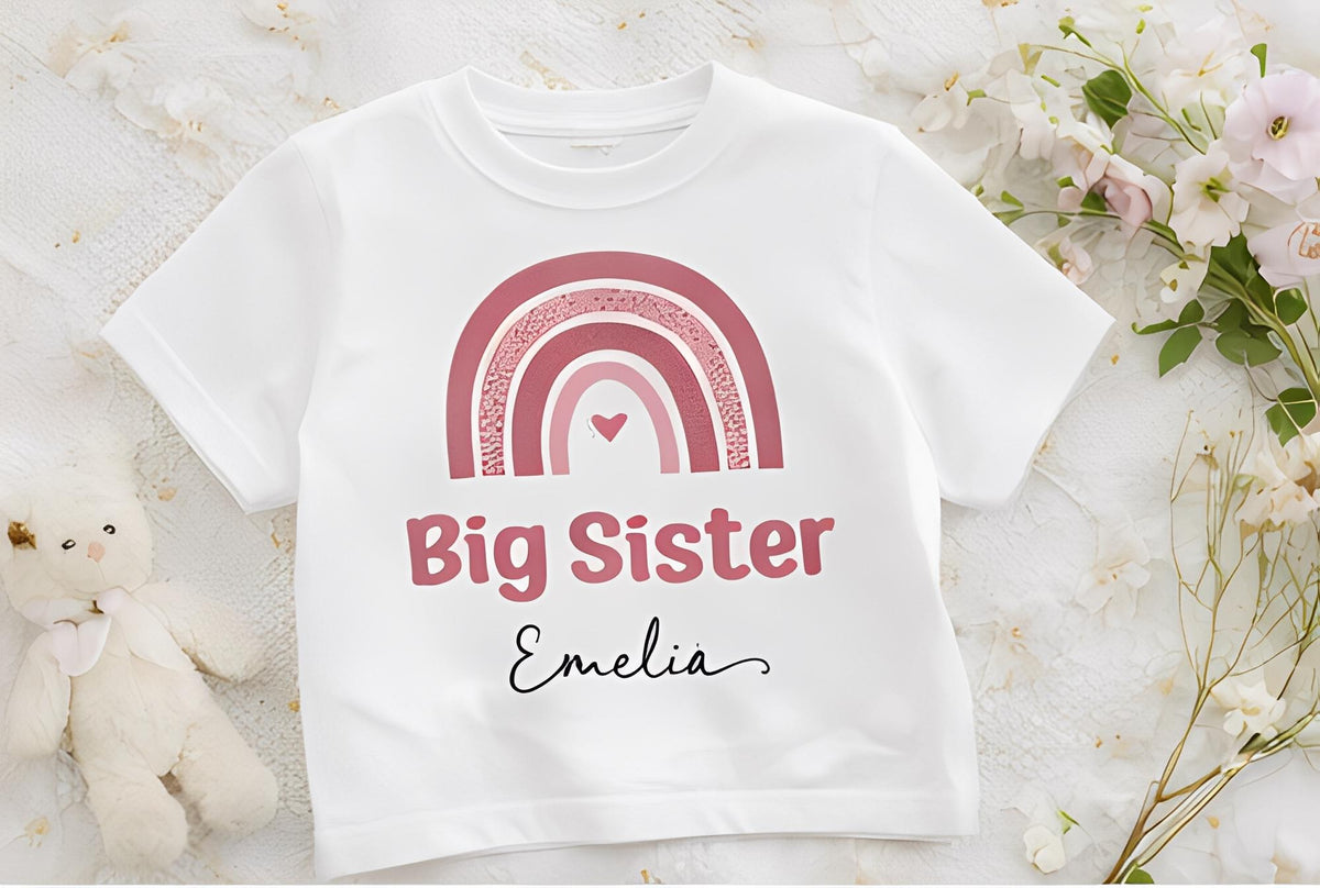 Personalised Big Sister Rainbow t-shirt, new baby announcement gift for sister, new sister gift
