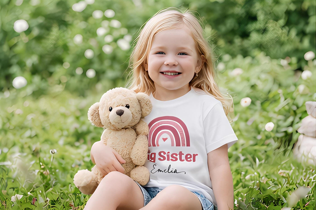 Personalised Big Sister Rainbow t-shirt, new baby announcement gift for sister, new sister gift