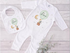 Personalised Hot Air Balloon Baby Sleepsuit, green babygrow, green hot air balloon baby sleepsuit, gift for new baby