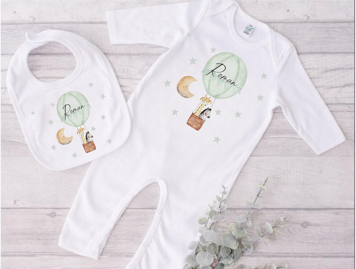 Personalised Hot Air Balloon Baby Sleepsuit, green babygrow, green hot air balloon baby sleepsuit, gift for new baby