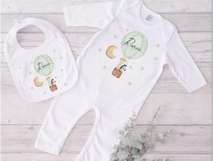 Personalised Hot Air Balloon Baby Sleepsuit, green babygrow, green hot air balloon baby sleepsuit, gift for new baby