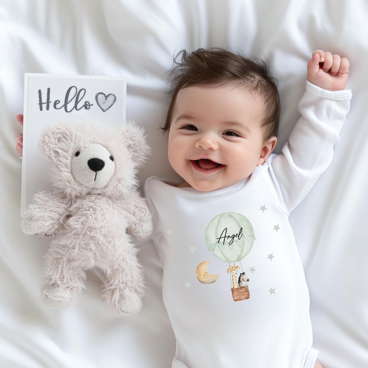 Personalised Hot Air Balloon Baby Sleepsuit, green babygrow, green hot air balloon baby sleepsuit, gift for new baby