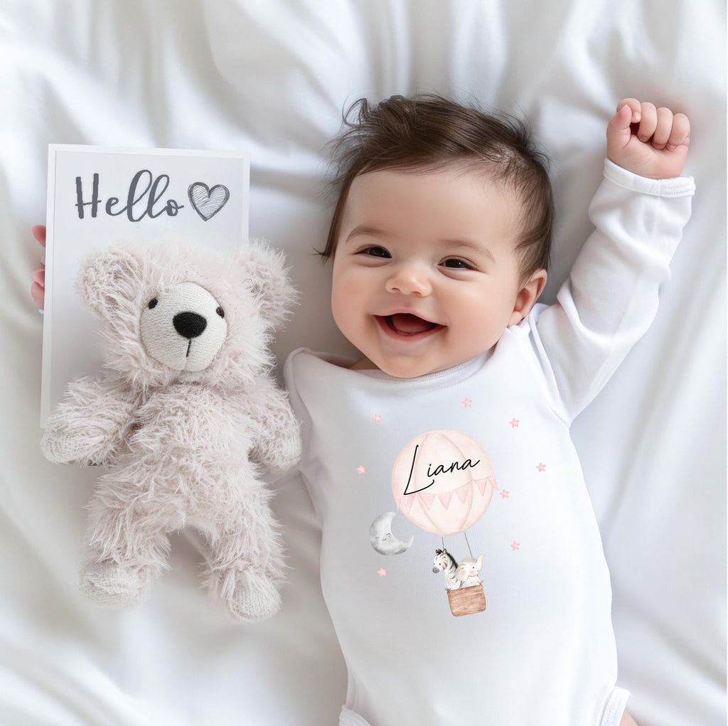 Personalised pink Hot Air Balloon Baby Sleepsuit, newborn babygrow, pink hot air balloon baby sleepsuit, gift for new baby