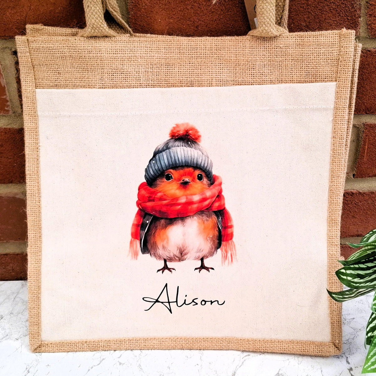 Personalised Christmas Robin Jute shopper bag