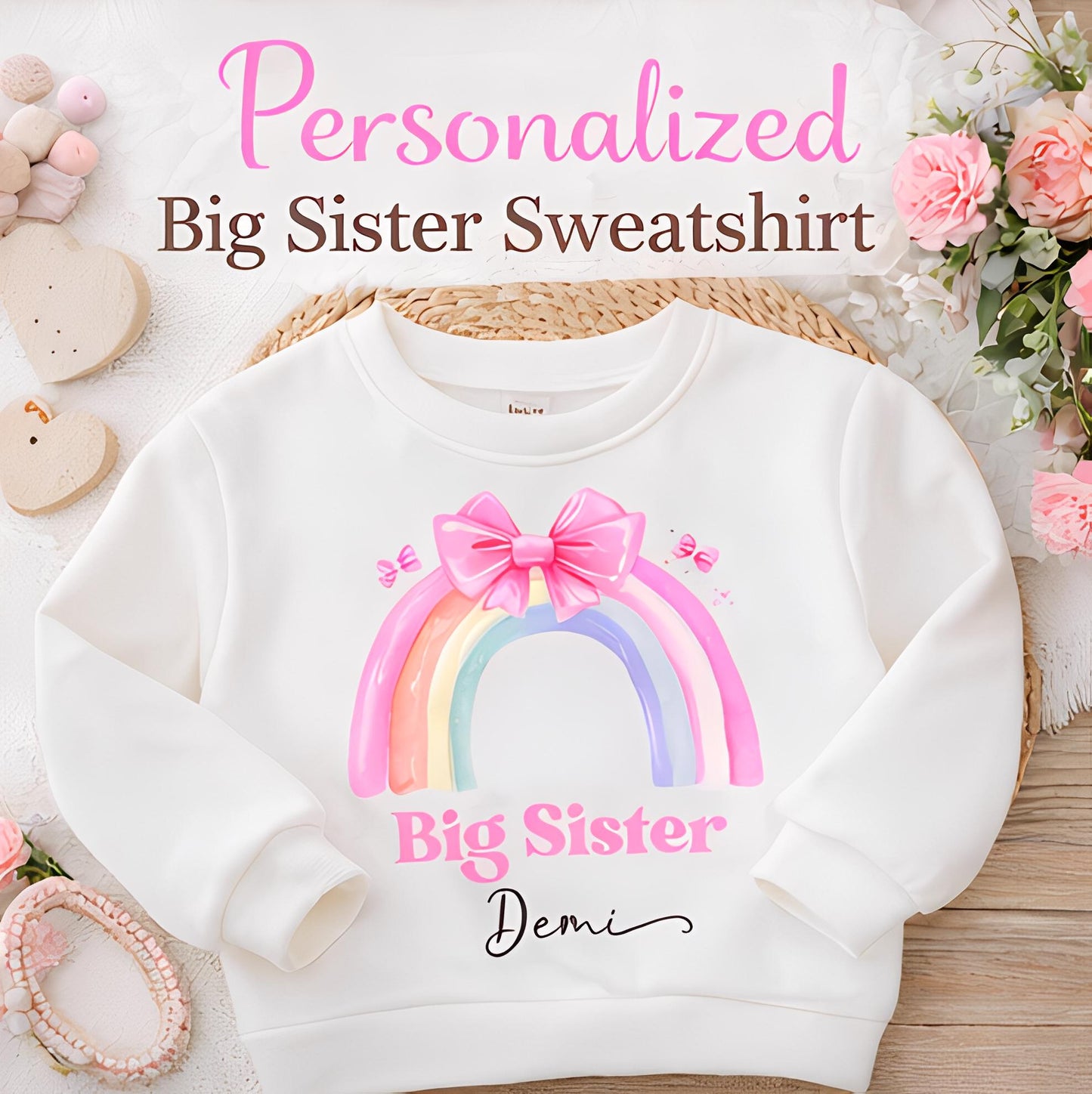 Personalised Big Sister pastel rainbow sweatshirt, new baby announcement, personalised rainbow sweatshirt