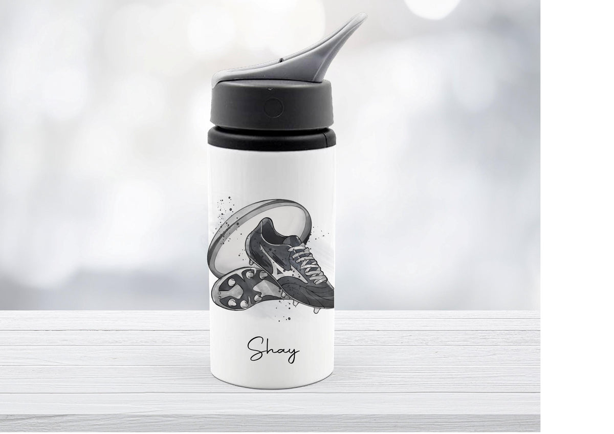 Personalised rugby water bottle, rugby boots design bottle, rugby gift, flask for rugby