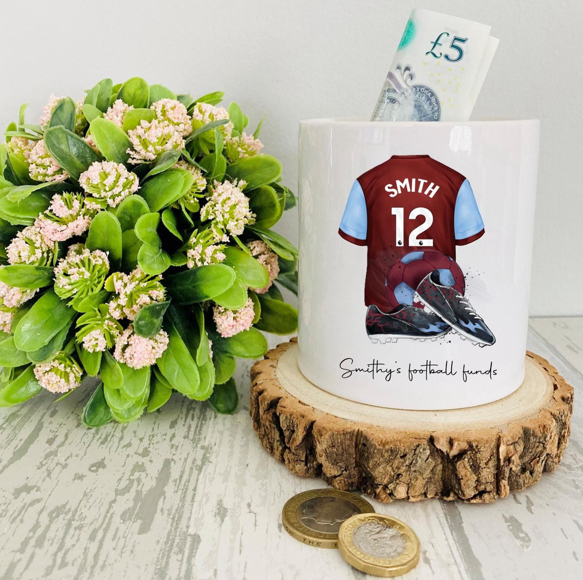 Personalised claret & blue football Money Box, claret football kit, football team moneybox, East London football team