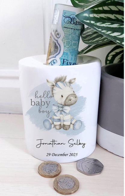 Personalised baby boy Zebra moneybox, new baby gift, Hello Baby keepsake gift for newborn baby boy