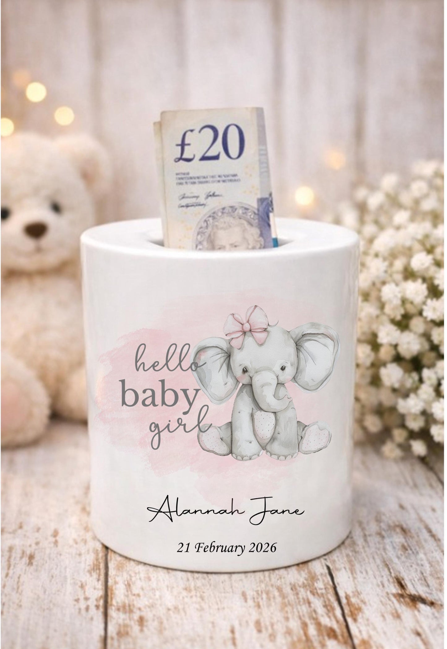 Personalised baby girl elephant money box, Hello Baby moneybox, personalised new baby girl gift