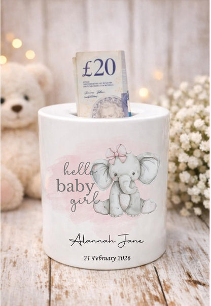Personalised baby girl elephant money box, Hello Baby moneybox, personalised new baby girl gift