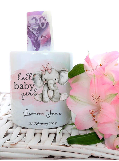 Personalised baby girl elephant money box, Hello Baby moneybox, personalised new baby girl gift