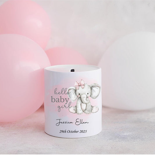 Personalised baby girl elephant money box, Hello Baby moneybox, personalised new baby girl gift