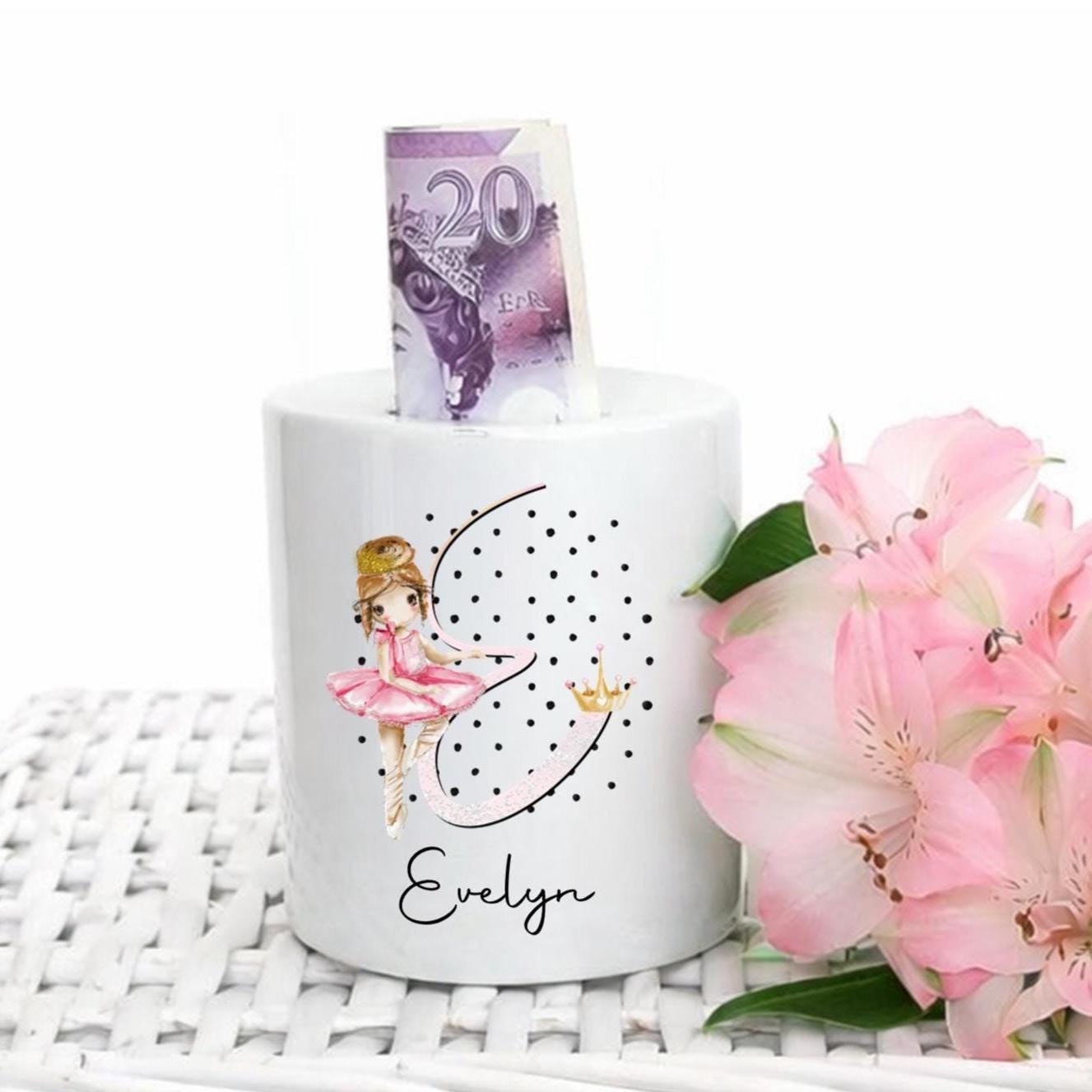 Personalised baby ballerina alphabet moneybox, gift for ballerina, dance gifts, young girl's coin pot