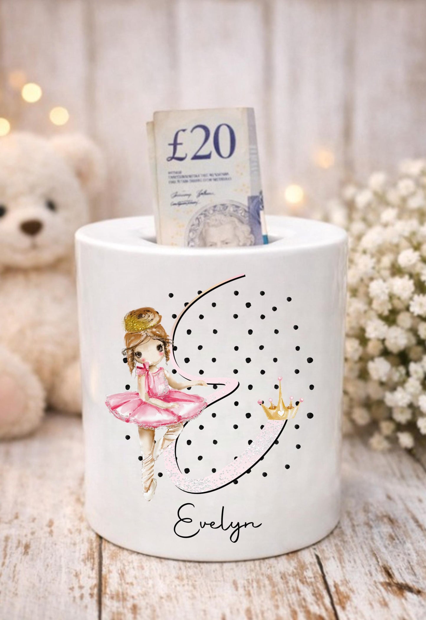 Personalised baby ballerina alphabet moneybox, gift for ballerina, dance gifts, young girl's coin pot