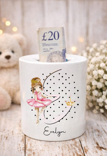 Personalised baby ballerina alphabet moneybox, gift for ballerina, dance gifts, young girl's coin pot