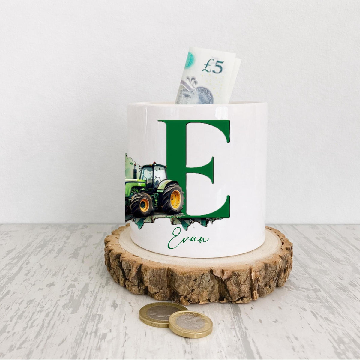 Personalised Tractor moneybox, boys farm decor, farm themed savings bank, tractor penny pot