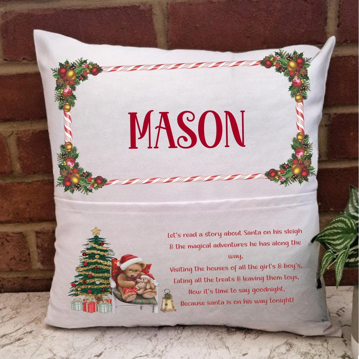 Personalised teddy bear Christmas Reading Cushion, Teddy Bear Poem Pocket Pillow, Christmas pocket cushion
