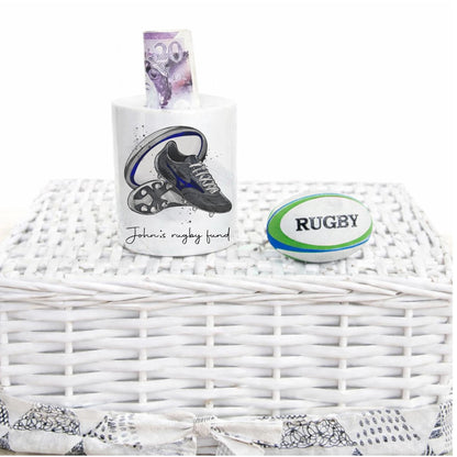 Personalised rugby money Box, rugby boots savings jar, rugby fund, boys rugby piggy bank, girls rugby piggy bank