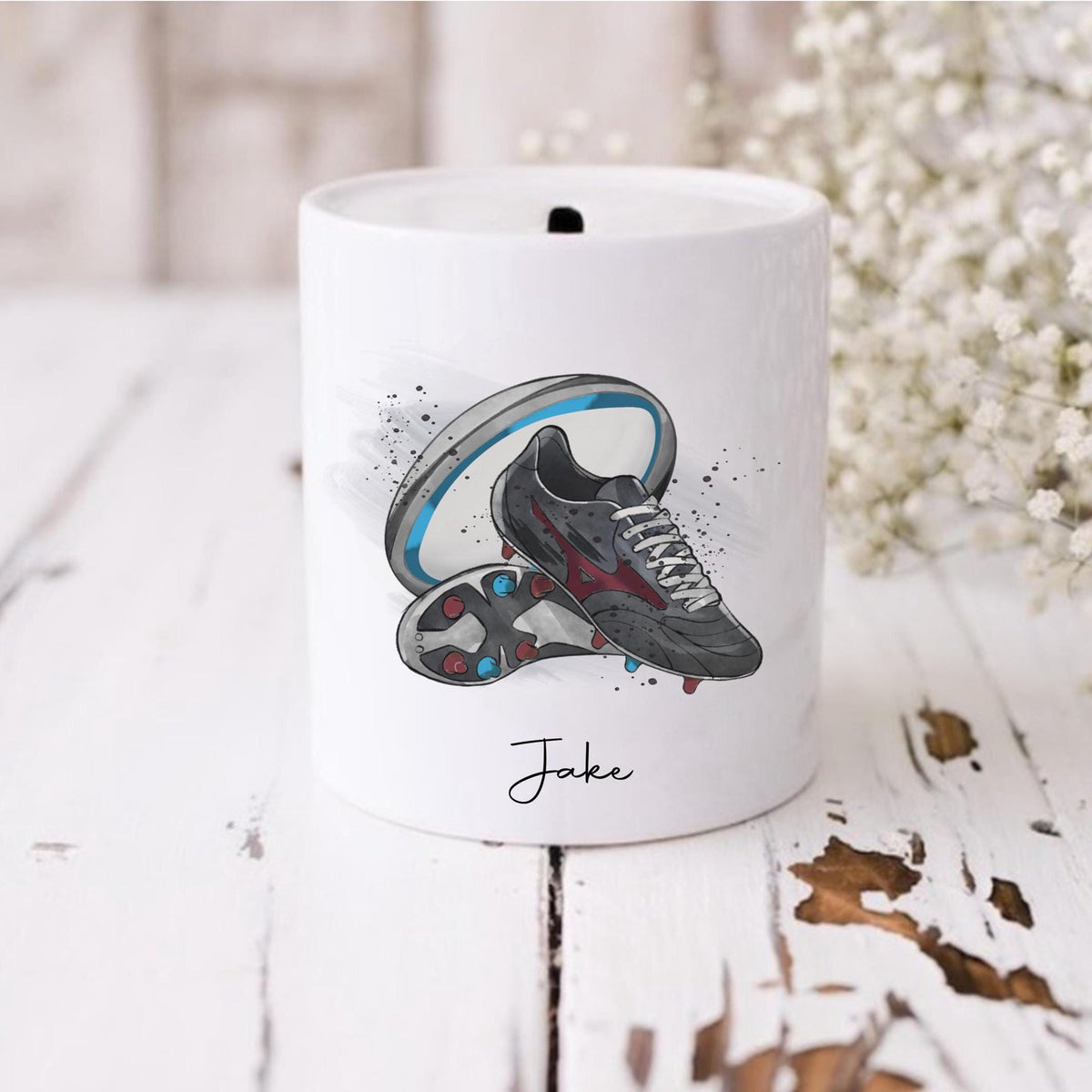 Personalised rugby money Box, rugby boots savings jar, rugby fund, boys rugby piggy bank, girls rugby piggy bank