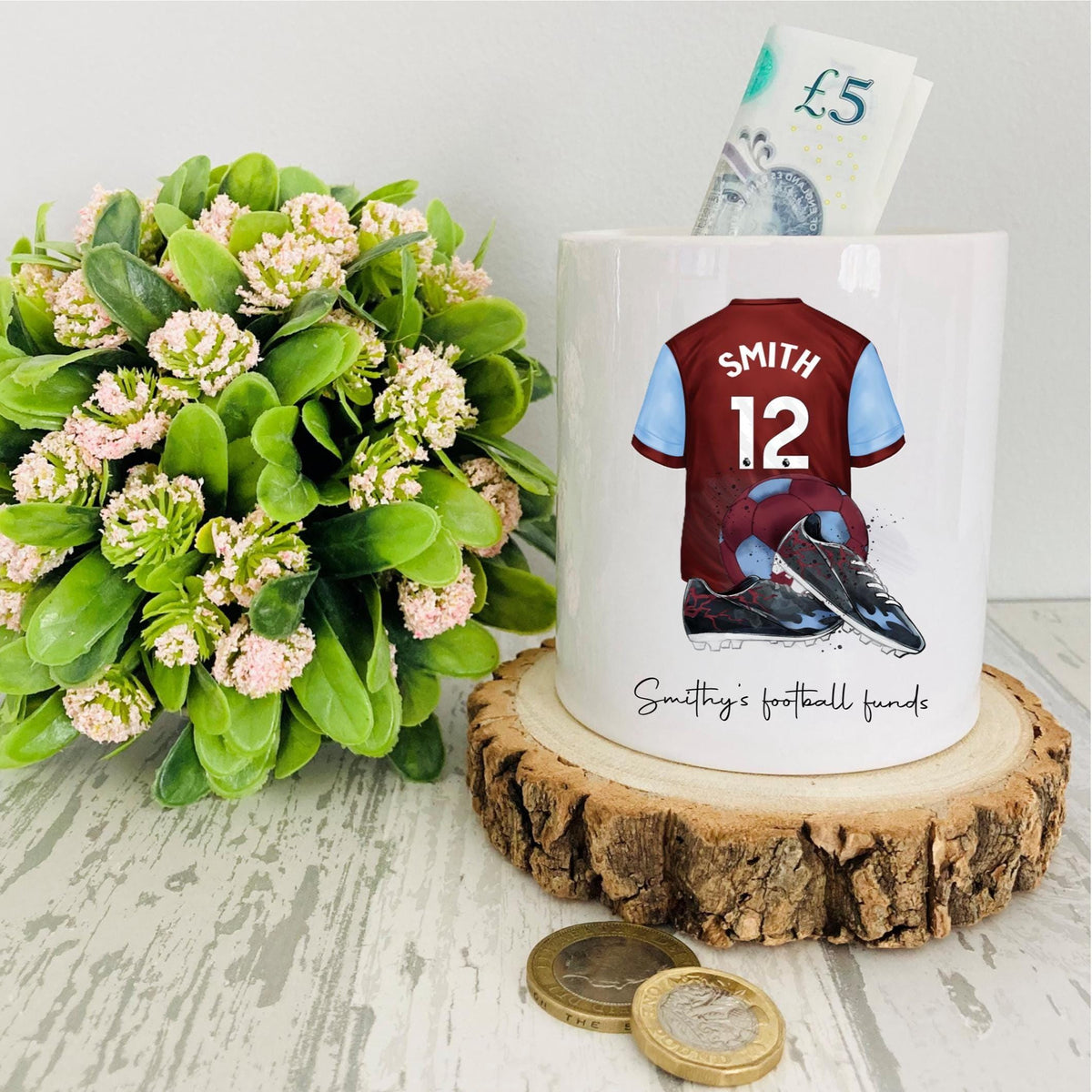 Personalised claret & blue football Money Box, claret football kit, football team moneybox, East London football team