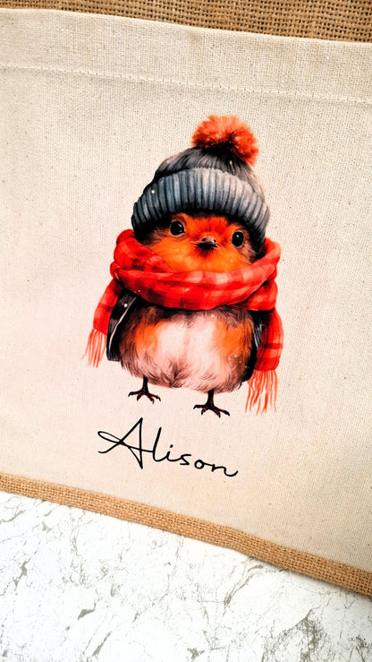 Personalised Christmas robin Jute shopper bag, Jute tote bag, Pocket Jute Shopper Bag, Christmas shopping bag