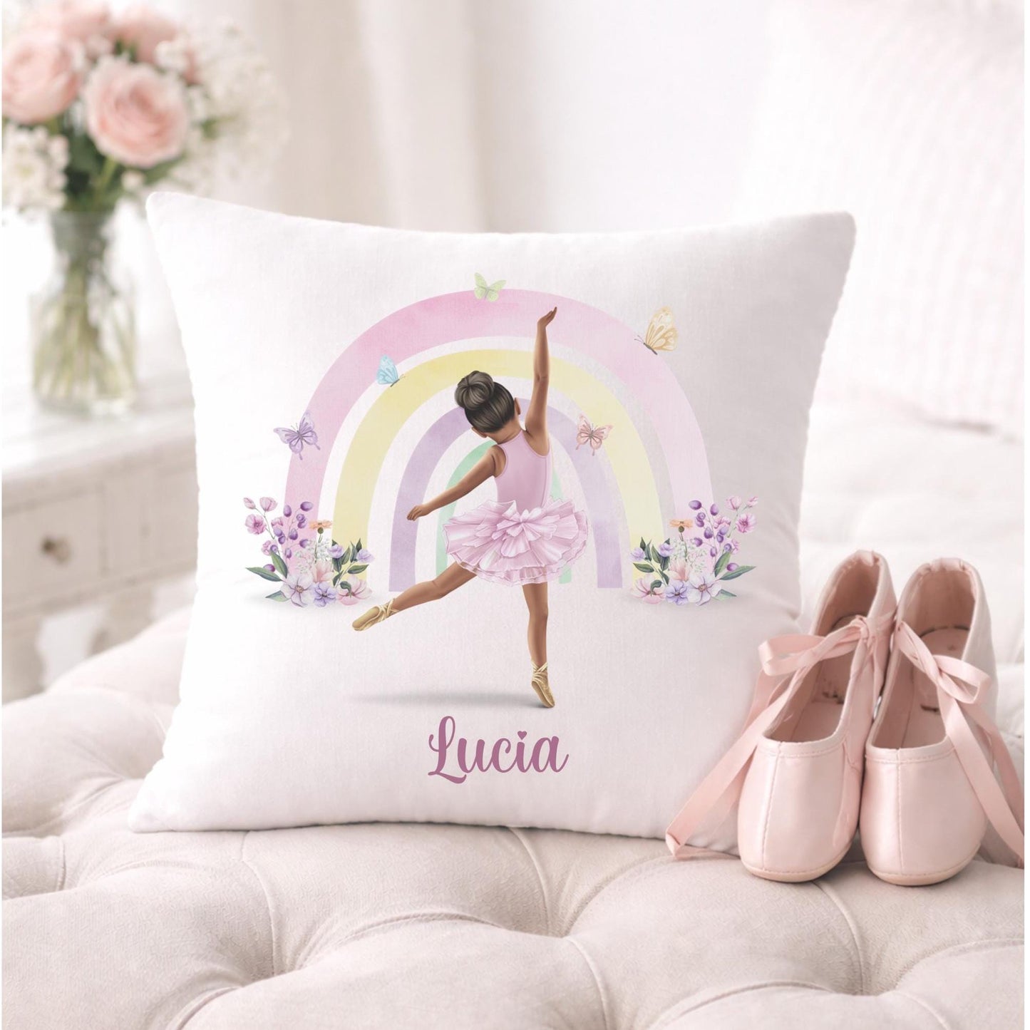 Personalised Rainbow Ballerina Cushion: Rainbow Dancer Gift, ballerina decor