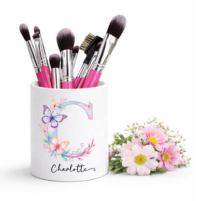 Personalised butterfly monogram Makeup Brush Holder: Floral butterfly Makeup brush Ceramic Pot