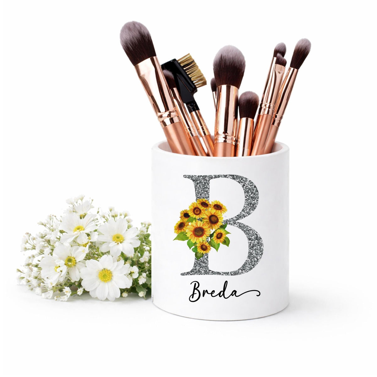 Personalised sunflower monogram Makeup Brush Holder: Silver sunflower Makeup brush Ceramic Pot