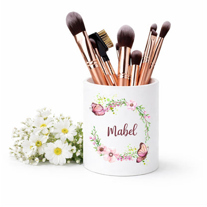 Personalised floral butterfly wreath Makeup Brush Holder watercolour butterfly Makeup brush Ceramic Pot