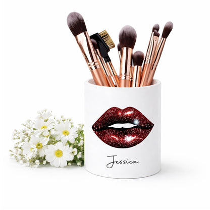 Personalised glitter lips Makeup Brush Holder Makeup brush Ceramic Pot - choose the colour