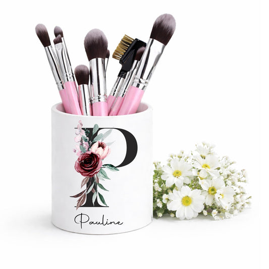 Personalised floral monogram Makeup Brush Holder: black initial Makeup brush Ceramic Pot