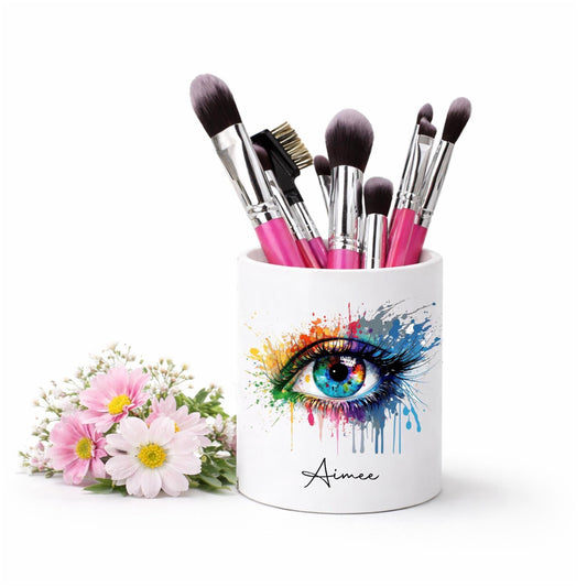 Personalised Makeup Brush Holder: vibrant rainbow eye Ceramic Pot