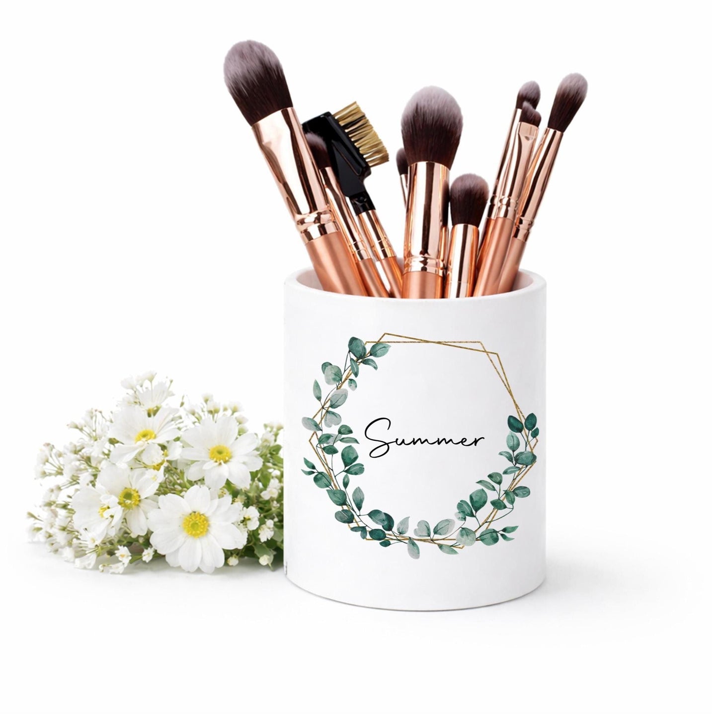 Personalised eucalyptus wreath Makeup Brush Holder, Watercolour eucalyptus geometric wreath Makeup brush Ceramic Pot