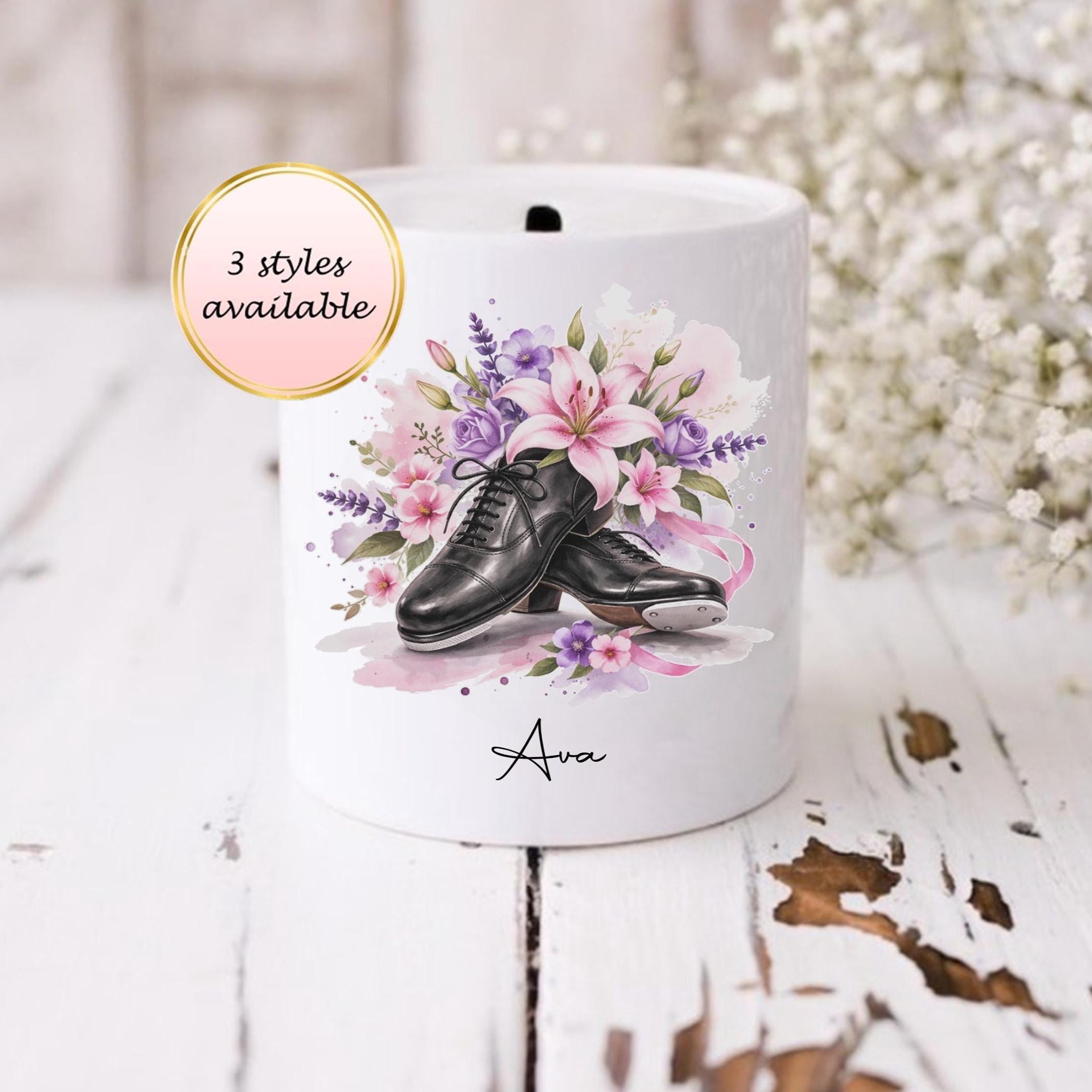 Personalised tap shoes moneybox, gift for tap dancer, dance gifts, dancers savings pot - 3 styles available