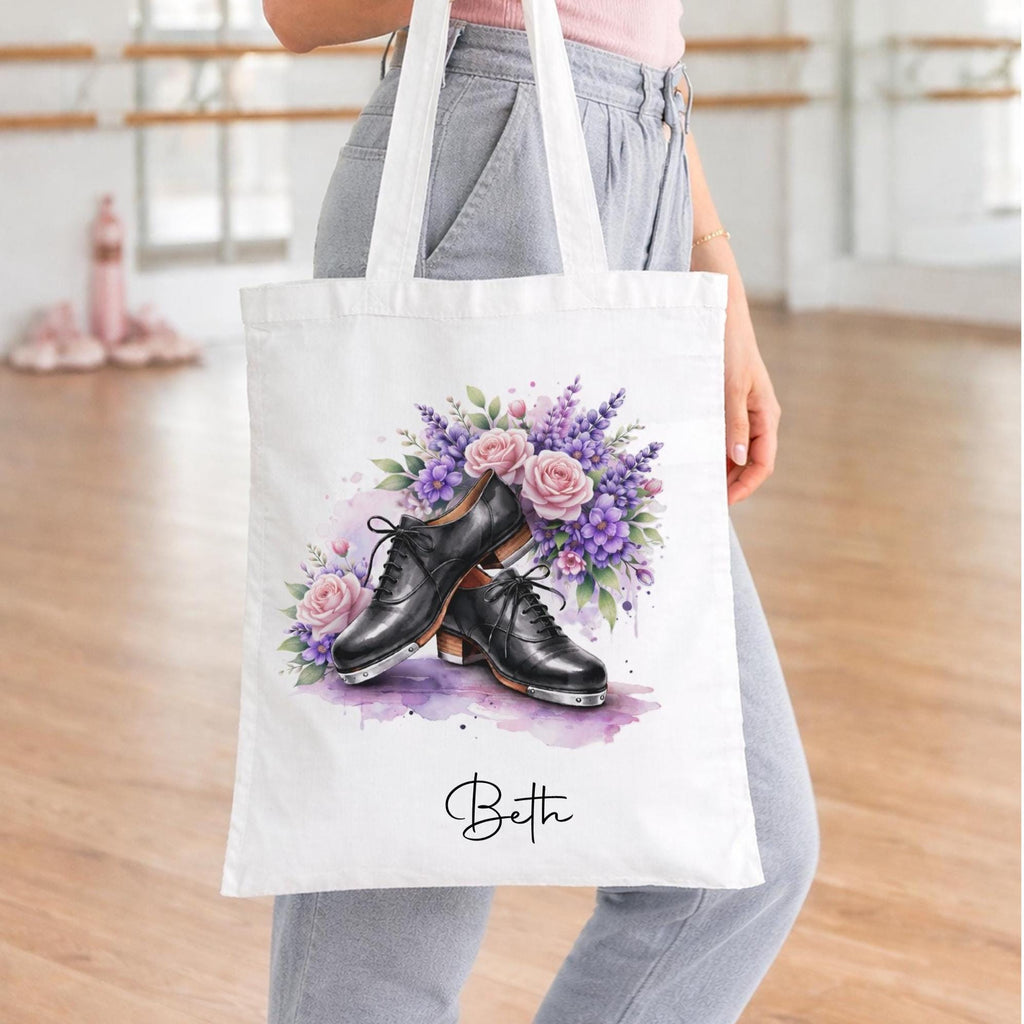 Personalised floral tap shoe tote bag, dance bag, gift for tap dancer, tap dance storage bag