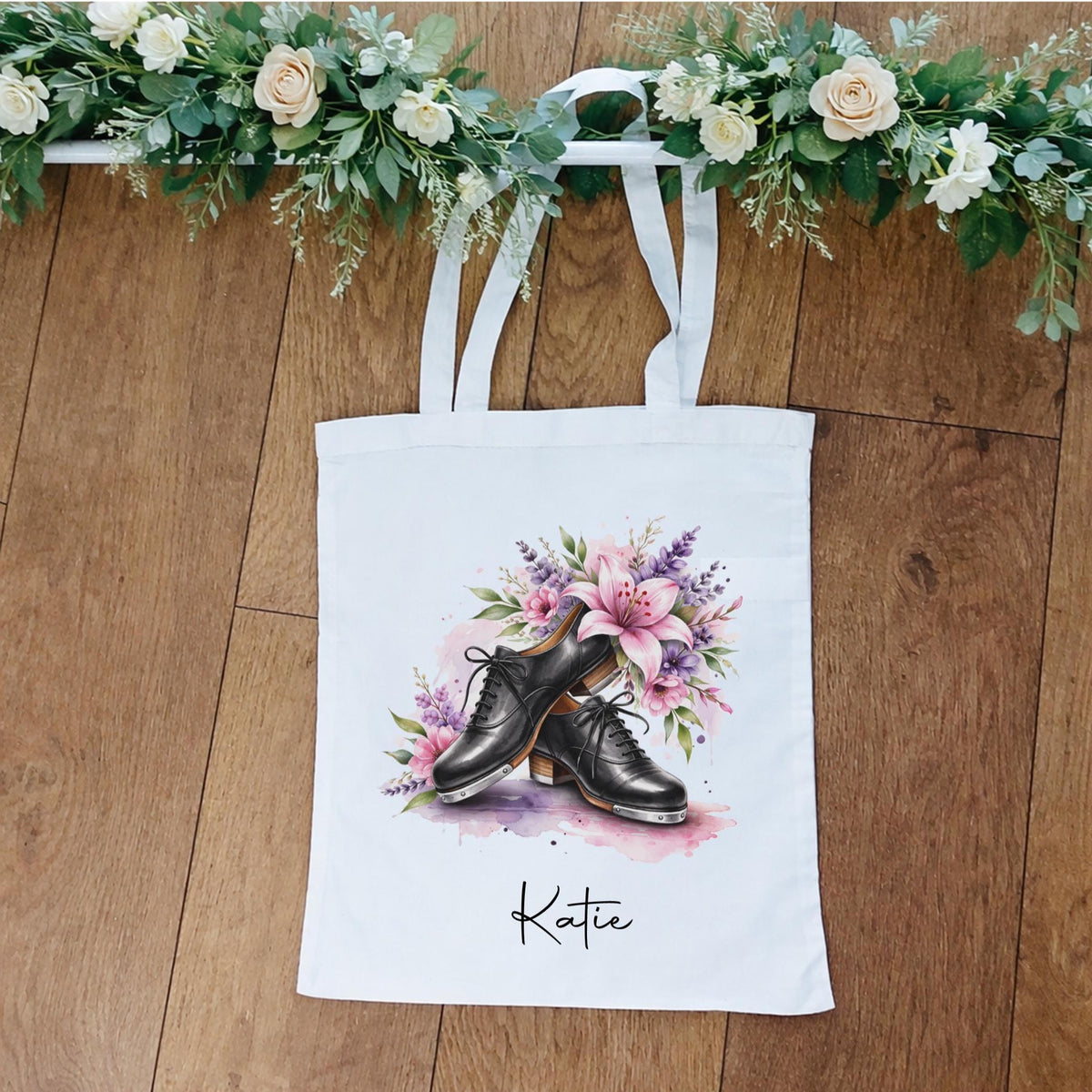 Personalised floral tap shoe tote bag, dance bag, gift for tap dancer, tap dance storage bag