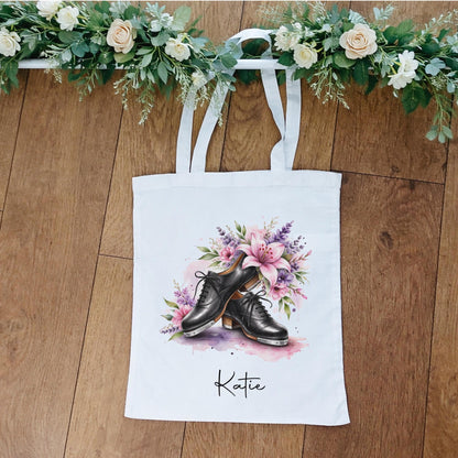 Personalised floral tap shoe tote bag, dance bag, gift for tap dancer, tap dance storage bag