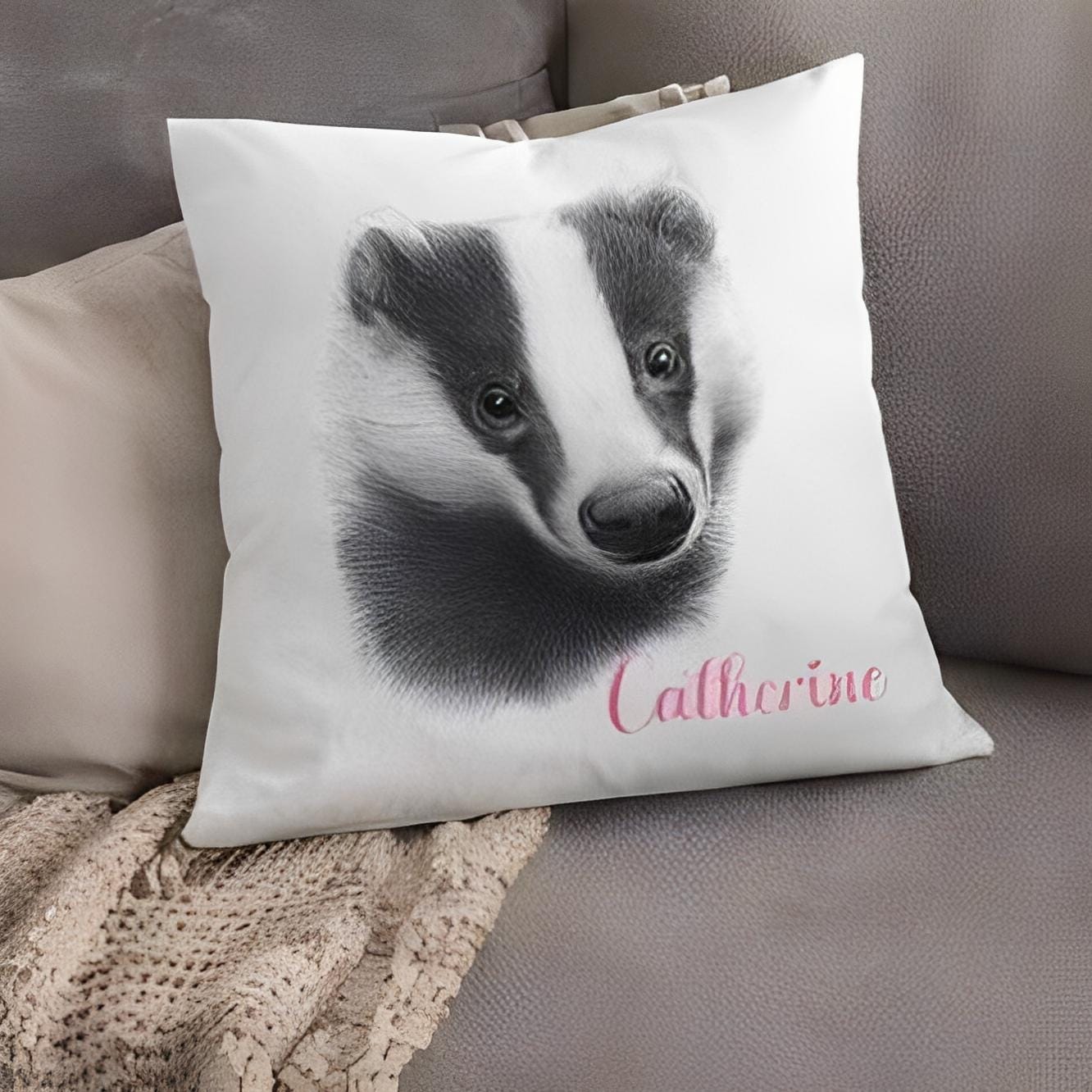 Personalised pencil drawn badger cushion, pencil sketch badger, badger cushion