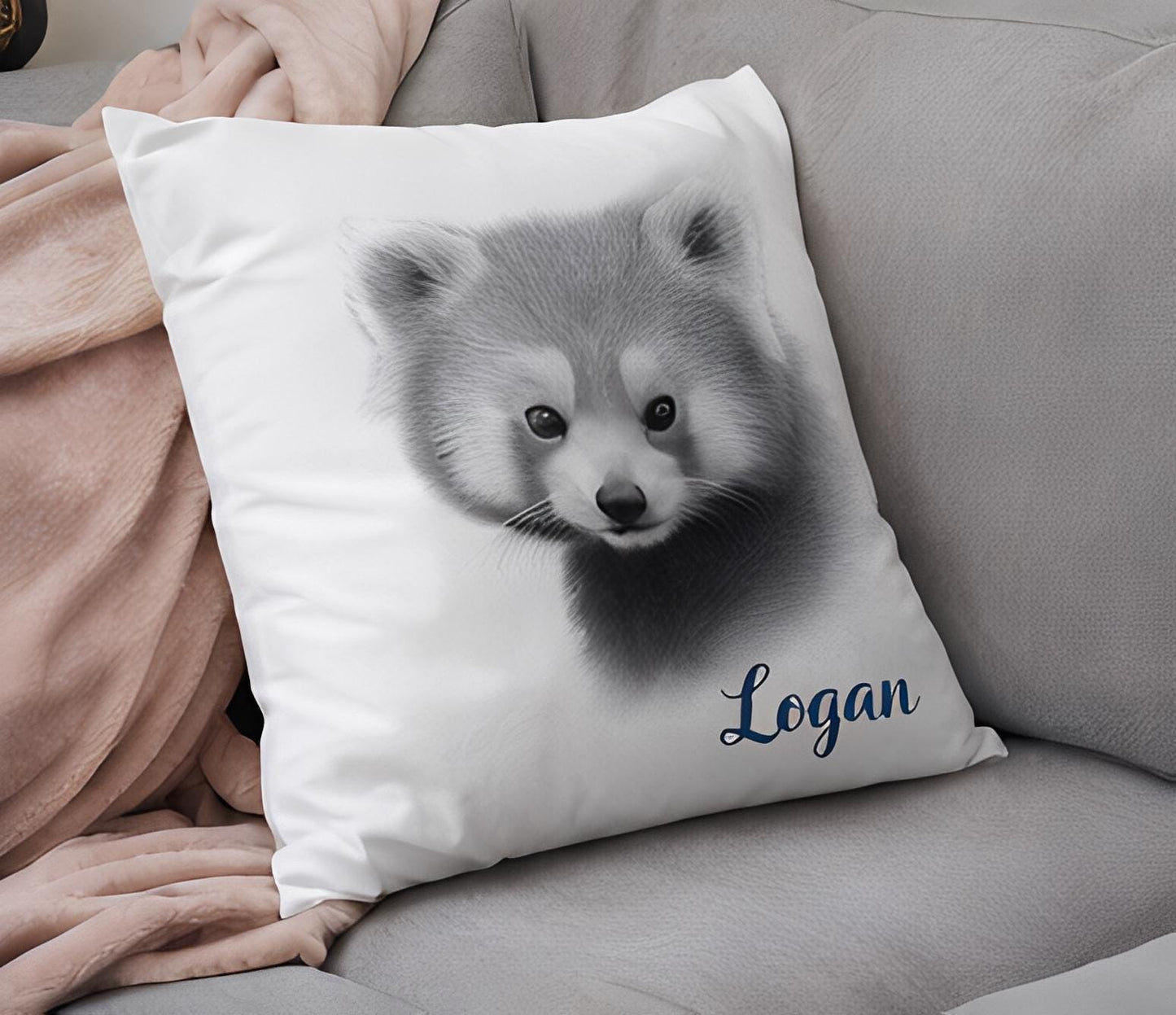 Personalised pencil drawn red panda cushion, pencil sketch panda, red panda cushion