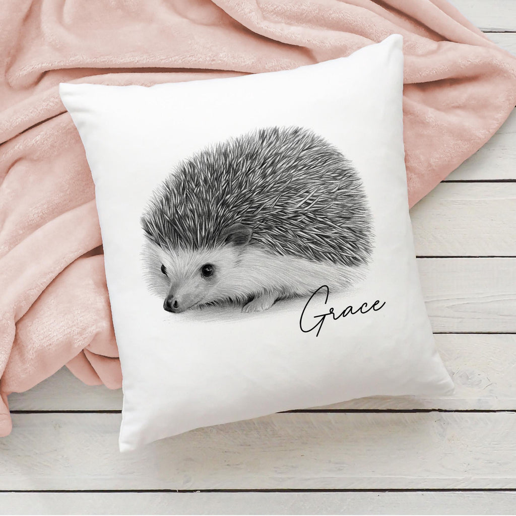 Personalised pencil drawn hedgehog cushion, pencil sketch hedgehog, hedgehog cushion
