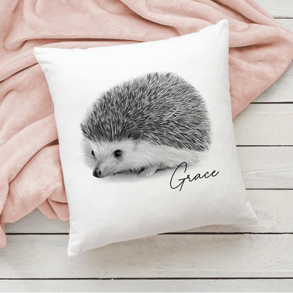 Personalised pencil drawn hedgehog cushion, pencil sketch hedgehog, hedgehog cushion