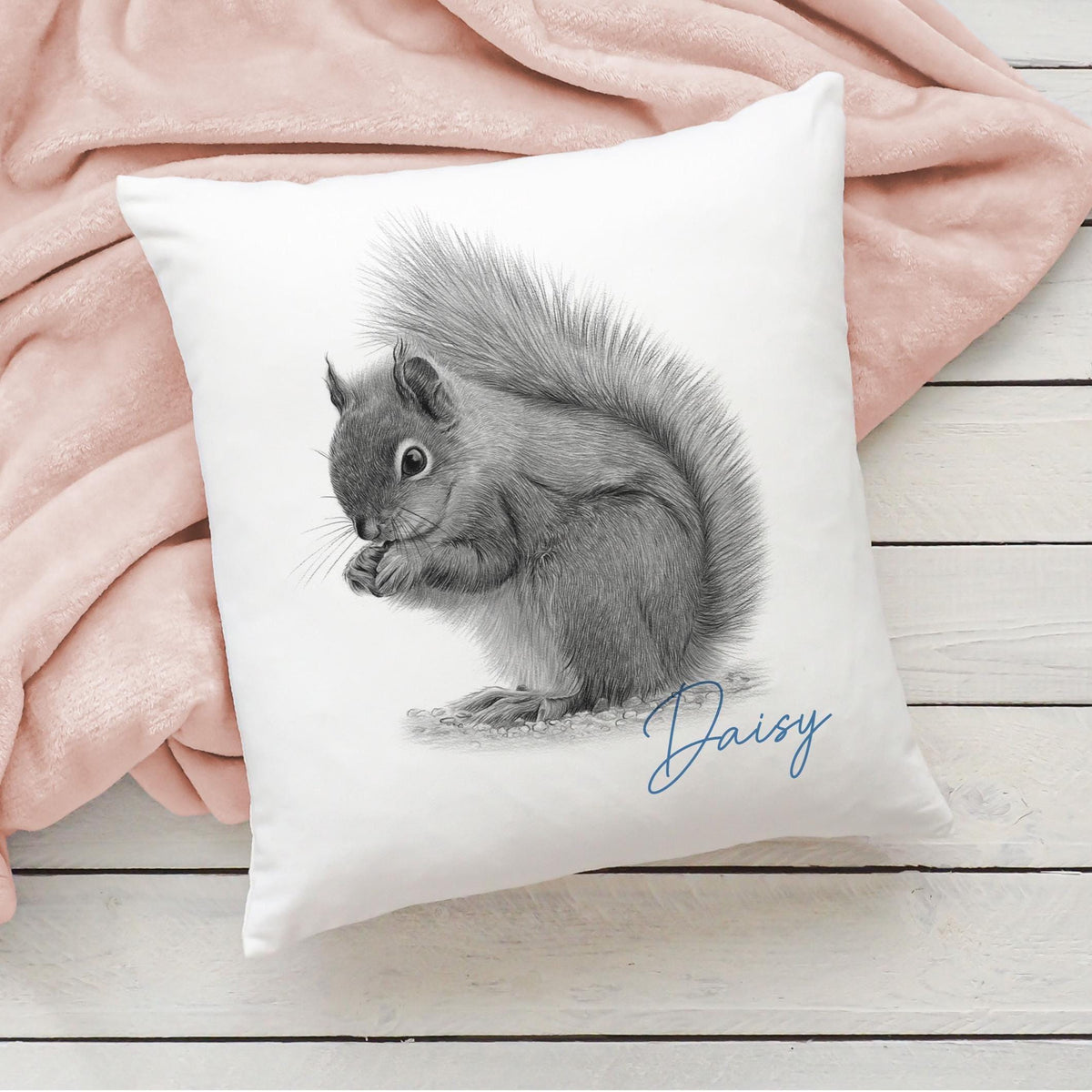 Personalised pencil sketched squirrel cushion, pencil drawn squirrel cushion, squirrel cushion