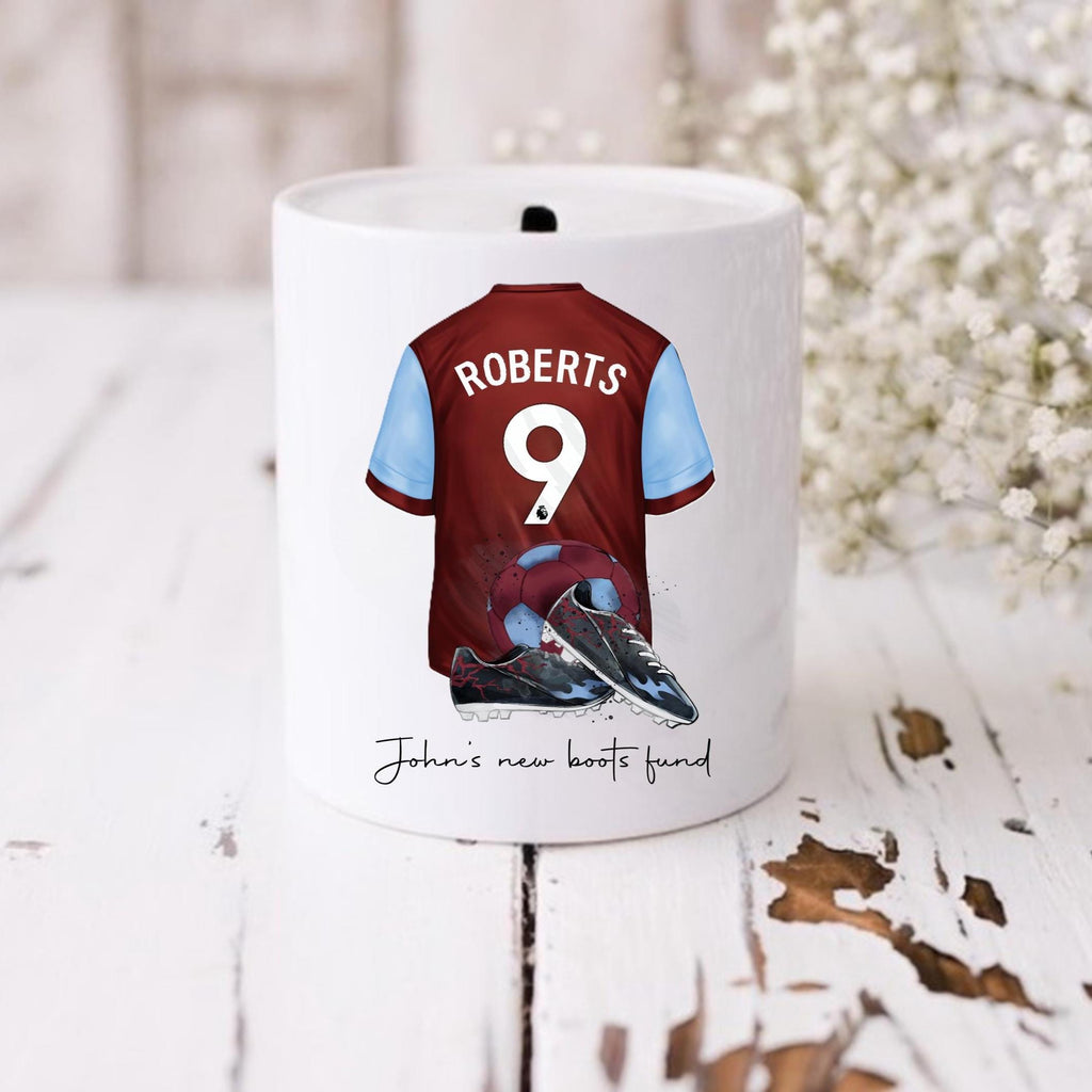 Personalised claret & blue football Money Box, claret football kit, football team moneybox, East London football team
