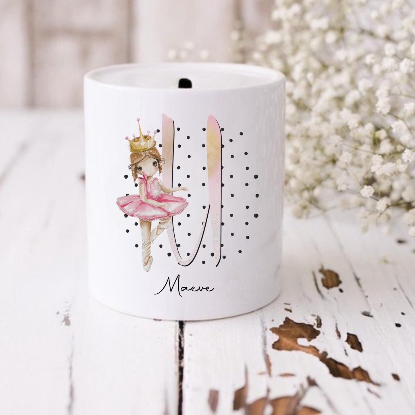 Personalised baby ballerina alphabet moneybox, gift for ballerina, dance gifts, young girl's coin pot