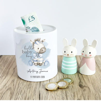 Personalised baby boy Zebra moneybox, new baby gift, Hello Baby keepsake gift for newborn baby boy